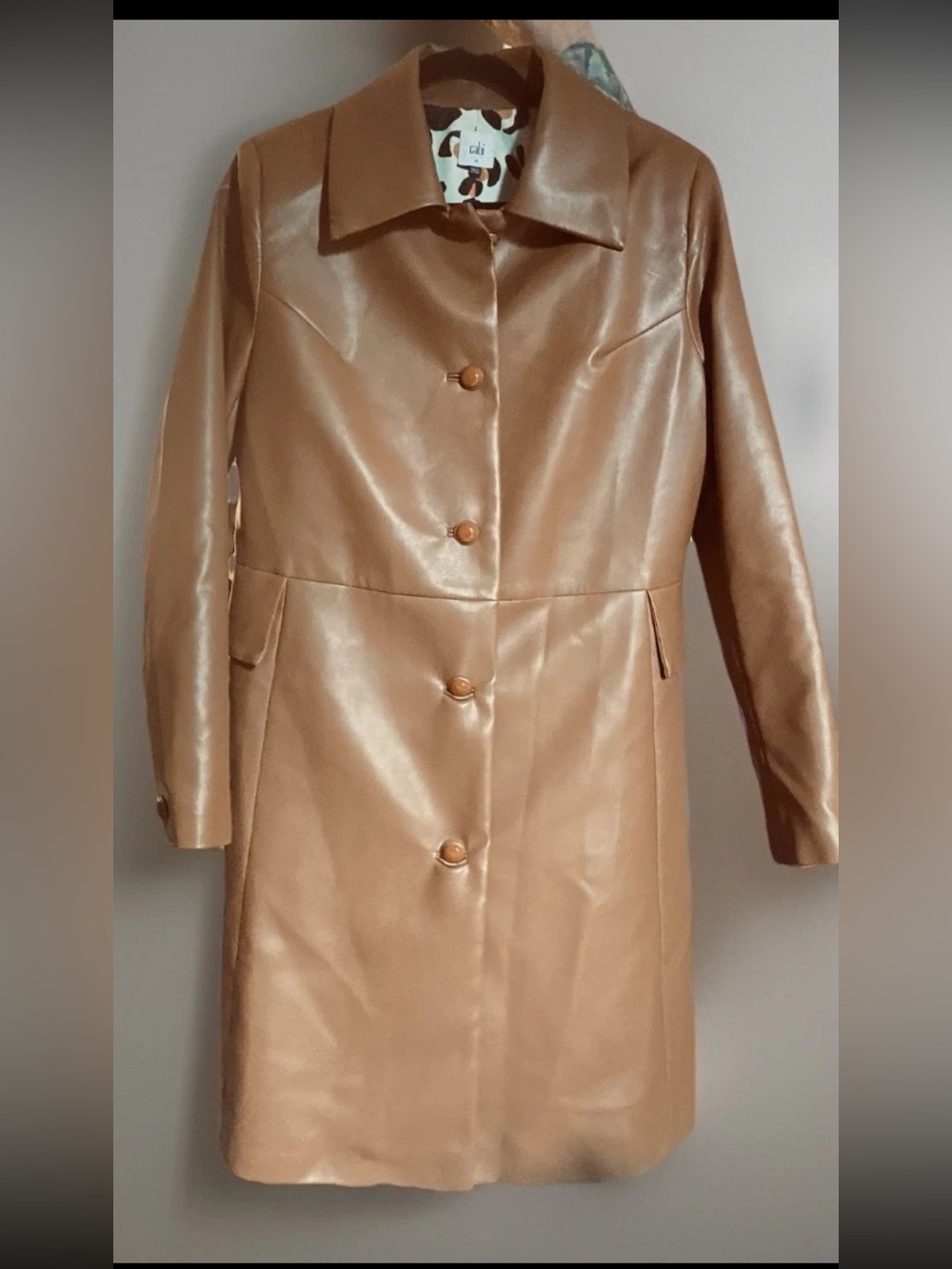 CAbi Camel Faux Leather Button-Front Trench Coat Jacket Brown Patten Retro